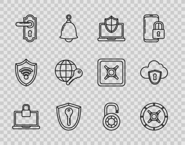 Set line Laptop and lock, Safe, protected with shield, Shield key, Door handle, Globe, combination wheel and Cloud icon. Vector