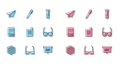 Set line Rubik cube, Glasses, Paper airplane, Chalkboard, Document, Book and Pen icon. Vector