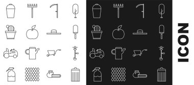 Set line Trash can, Grass and weed electric string trimmer, Garden trowel spade or shovel, Scythe, Apple, Cactus succulent pot, Bucket and Worker hat icon. Vector