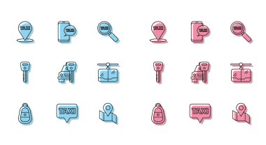 Set line Car key with remote, Map pointer taxi, Folded map location marker, rental, Cable car, and Taxi call telephone service icon. Vector
