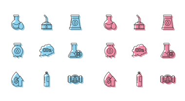 Set line Oil price increase, petrol test tube, Industry metallic pipes and valve, CO2 emissions cloud, Antifreeze, industrial factory building and Canister for motor machine oil icon. Vector
