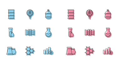 Set line Oil and gas industrial factory building, Barrel oil, Pie chart infographic dollar, Industry metallic pipes valve, Test tube flask, petrol test and Motor gauge icon. Vector