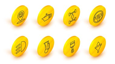 Set line Funnel or filter and motor oil drop, Engine piston, Signal horn vehicle, High beam, Steering wheel, Chassis car, Canister for machine and Car service icon. Vector