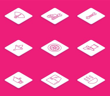 Set line Speedometer, Car service, Wrench, Funnel or filter and motor oil drop, wheel, Paint spray gun, Canister for machine and door icon. Vector