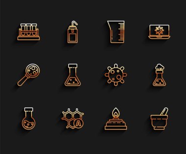 Set line Test tube and flask chemical, Chemical formula, Alcohol spirit burner, Mortar pestle, and Bacteria icon. Vector