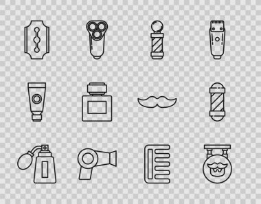 Set line Aftershave bottle with atomizer, Barbershop, Classic pole, Hair dryer, Blade razor, Hairbrush and icon. Vector