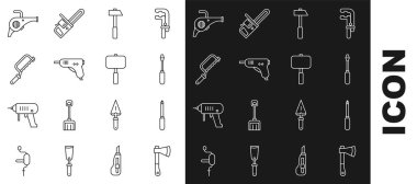 Set line Wooden axe, Screwdriver, Hammer, Electric hot glue gun, Hacksaw, Leaf garden blower and Sledgehammer icon. Vector