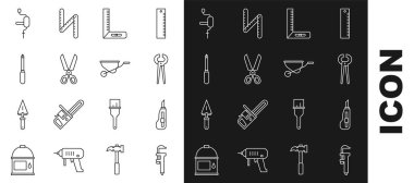 Set line Calliper or caliper and scale, Stationery knife, Pincers pliers, Corner ruler, Scissors, Screwdriver, Hand drill and Wheelbarrow icon. Vector