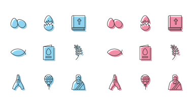Set line Hands in praying position, Balloons with ribbon, Easter eggs, Jesus Christ, Greeting card Happy, Willow leaf, Christian fish and Broken icon. Vector
