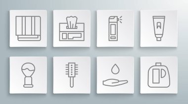 Set line Shaving brush, Wet wipe pack, Hairbrush, Washing hands with soap, Bottles for cleaning agent, nozzle spray, Tube of toothpaste and Towel stack icon. Vector