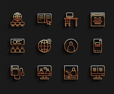 Set line Electronic book with mouse, Online education, Computer network, monitor, Location the globe, Mobile phone and Create account screen icon. Vector