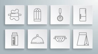 Set line Paper package for milk, Salt, Covered with tray of food, Kitchen colander, Bag coffee beans, Pizza knife, Refrigerator and Rolling pin on dough icon. Vector