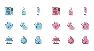 Set line Cake on plate, Diamond engagement ring, Marriage contract, Lock and heart, Wedding rings, Church building, Necklace mannequin and Burning candle icon. Vector