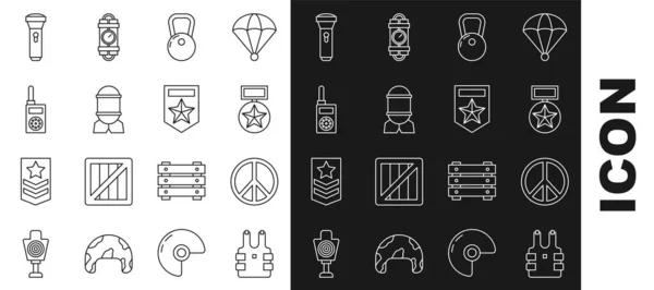 Set line Bulletproof vest for protection from bullets, Peace, Military reward medal, Kettlebell, Aviation bomb, Walkie talkie, Flashlight and Chevron icon. Vector — Stockvektor