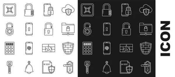 Set line Door handle, Shield with cyber security brick wall, FTP folder lock, Smartphone closed padlock, Safe combination wheel, and Open icon. Vector — Image vectorielle