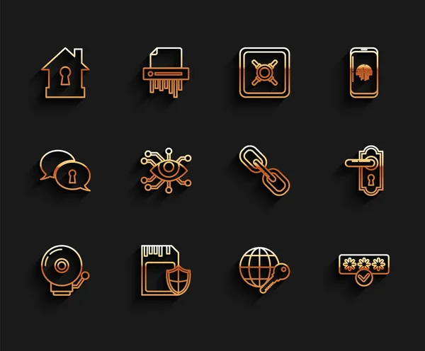 Set line Ringing alarm bell, SD card and shield, House under protection, Globe key, Password safety access, Eye scan, Door handle and Chain link icon. Vector — Image vectorielle