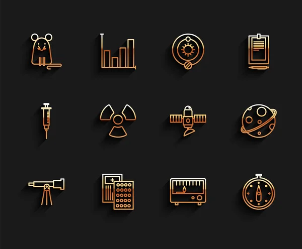 Set line Telescope, Pills in blister pack, Rat, Electrical measuring instruments, Compass, Radioactive, Planet and Satellite icon. Vector — Image vectorielle