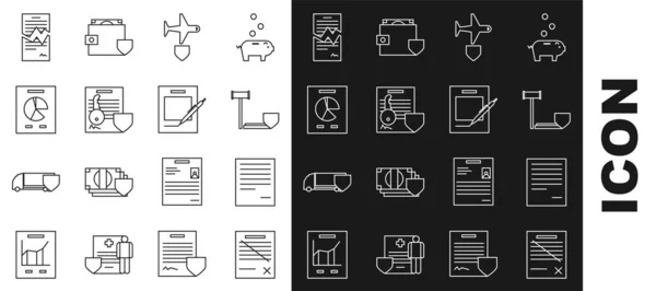 Set line Delete file document, Document, Judge gavel with shield, Plane, key, graph chart, Torn contract and Blank notebook and pen icon. Vector — стоковый вектор