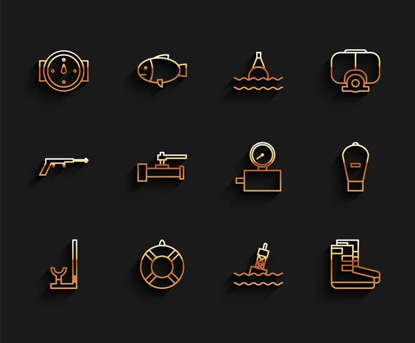 Set line Snorkel, Lifebuoy, Wind rose, Floating on the sea, Boots, Industry metallic pipes and valve, Lift bag and Gauge scale icon. Vector — Vetor de Stock