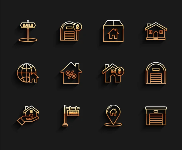 Set line Realtor, Hanging sign with text Sale, Map pointer house, Garage, House percant discount tag, Warehouse and dollar symbol icon. Vector — Stockový vektor
