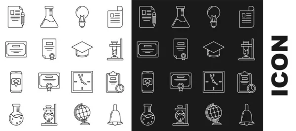 Set line Ringing bell, Exam sheet with clock, Glass test tube flask on fire, Light bulb concept of idea, Certificate template, and pencil eraser and Graduation cap icon. Vector - Stok Vektor