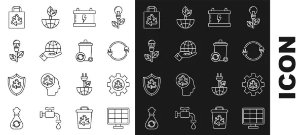 Set line Solar energy panel, Recycle symbol and gear, Electric plug, Car battery, Human hands holding Earth globe, Light bulb with leaf, Paper shopping bag recycle and bin icon. Vector — 图库矢量图片