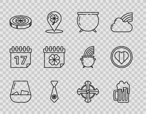 Set line Glass of whiskey, Wooden beer mug, Witch cauldron, Tie with four leaf clover, Gold coin, Saint Patricks day calendar, Celtic cross and Heart and Happy icon. Vector — 图库矢量图片