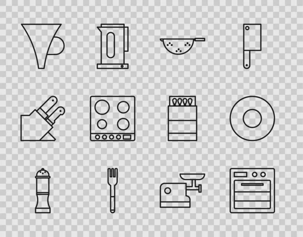 Set line Pepper, Oven, Kitchen colander, Fork, Funnel filter, Gas stove, meat grinder and Plate icon. Vector — Vetor de Stock