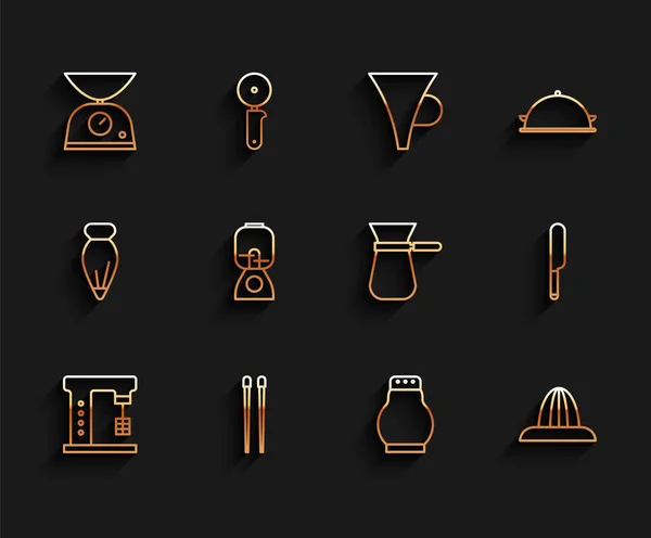 Set line Electric mixer, Food chopsticks, Scales, Salt and pepper, Citrus fruit juicer, Blender, Knife and Coffee turk icon. Vector — Stockvektor