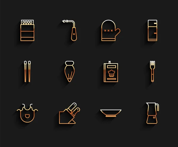 Set line Kitchen apron, Knife, Open matchbox and matches, Bowl, Moka pot, Pastry bag for decorate cakes, Fork and Cookbook icon. Vector — Stockvektor