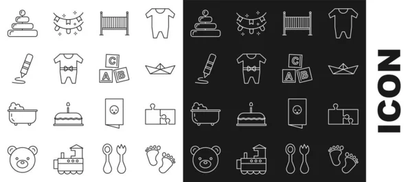 Set line Baby footprints, Piece of puzzle, Folded paper boat, crib cradle bed, clothes, Wax crayon for drawing, Pyramid toy and ABC blocks icon. Vector — Vetor de Stock