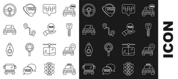 Set line Taxi car, Map pointer with taxi, Car key, Route location, Steering wheel and Hand map icon. Vector — Stok Vektör