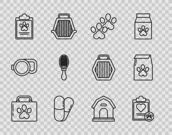 Set line Pet first aid kit, Clipboard with medical clinical record pet, Paw print, Dog and pills, Hair brush for dog cat, house and Bag of food icon. Vector — Image vectorielle