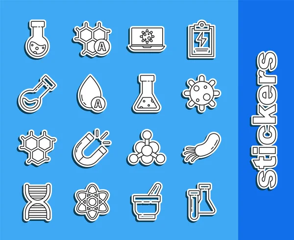 Set line Test tube and flask chemical, Bacteria, on laptop, Water drop, and icon. Vector — Vetor de Stock