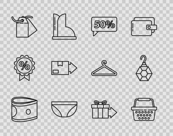 Set line Stacks paper money cash, Shopping basket, Fifty discount percent tag, Underwear, Blank label template price, Carton cardboard box, Gift and Earring icon. Vector — 图库矢量图片