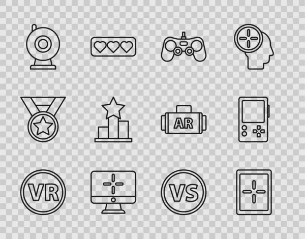 Set line Virtual reality glasses, Tablet, Gamepad, Computer monitor, Web camera, Star, VS Versus battle and Portable video game console icon. Vector — Vetor de Stock