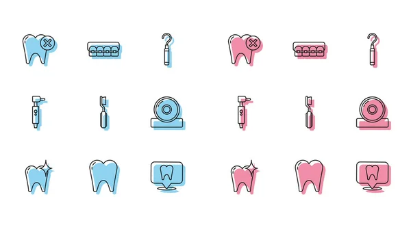 Встановіть лінію Концепція відбілювання зубів, з карієсом, розташуванням стоматологічної клініки, зубною щіткою, отоларингологічним відбивачем голови, свердлом та зубними дужками. Векторні — стоковий вектор