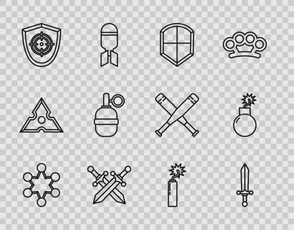 Set line Police badge, Medieval sword, Shield, Crossed medieval, Target sport, Hand grenade, Dynamite bomb stick clock and Bomb ready to explode icon. Vector — Stock vektor