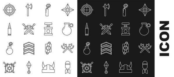 Set line Aviation bomb, Crossed medieval axes, Hand grenade, Dynamite stick clock, sword, Bullet, Target sport and Handle detonator for dynamite icon. Vector — Vetor de Stock