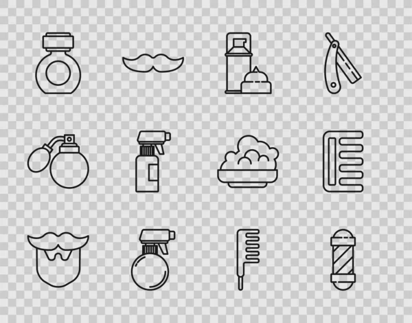 Set line Mustache and beard, Classic Barber shop pole, Shaving gel foam, Hairdresser pistol spray bottle, Aftershave, Hairbrush and icon. Vector — Wektor stockowy