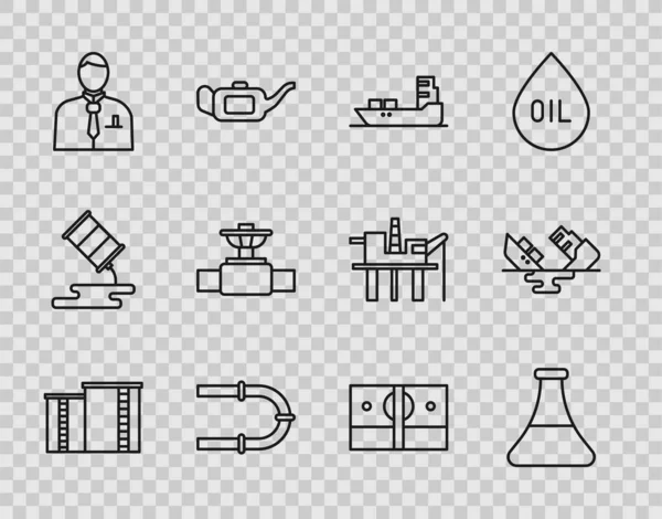 Set line Oil industrial factory building, petrol test tube, tanker ship, Industry pipe, Businessman stock market trader, and valve, Stacks paper money cash and Wrecked oil icon. Vector — Stok Vektör