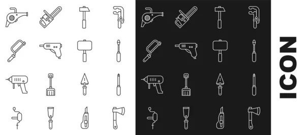 Set line Wooden axe, Screwdriver, Hammer, Electric hot glue gun, Hacksaw, Leaf garden blower and Sledgehammer icon. Vector — Stockvektor