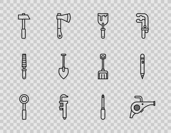 Set line Wrench spanner, Leaf garden blower, Putty knife, Calliper or caliper and scale, Hammer, Shovel, Screwdriver and Pencil with eraser icon. Vector — 图库矢量图片