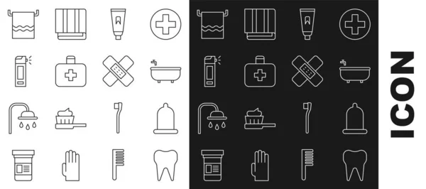 Set line Tooth, Condom, Bathtub, Tube of toothpaste, First aid kit, Bottle with nozzle spray, Towel hanger and Crossed bandage plaster icon. Vector — Stockvektor