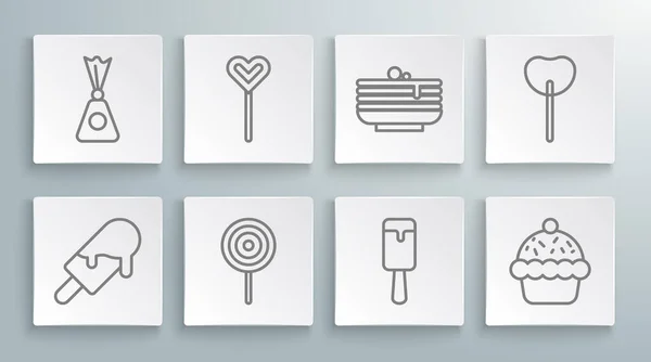 Set line Ice cream, Lollipop, Cupcake, Stack of pancakes, and Candy icon. Vector — Vettoriale Stock