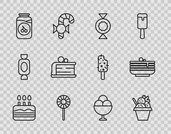 Set line Cake with burning candles, Ice cream bowl, Candy, Lollipop, Cherry jam jar, Piece of cake, and Stack pancakes icon. Vector — 图库矢量图片