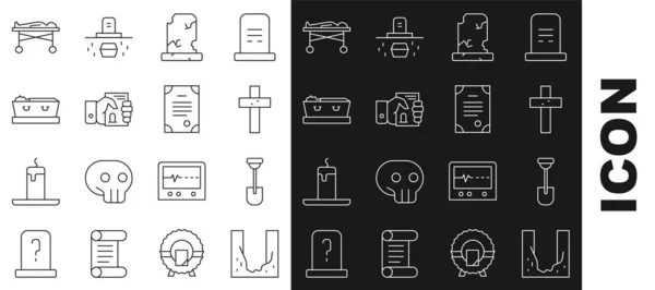 Set line Cemetery digged grave hole, Shovel, Christian cross, Old with tombstone, Death certificate in hand, Coffin dead, Dead body the morgue and icon. Vector — Stockvektor