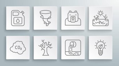 Set line CO2 emissions in cloud, Tornado, Withered tree, Wastewater, Light bulb with leaf, Polar bear head, Drought and Canister for gasoline icon. Vector