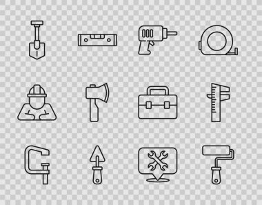 Set line Clamp and screw tool, Paint roller brush, Electric drill machine, Trowel, Shovel, Wooden axe, Location with wrench and Calliper or caliper scale icon. Vector