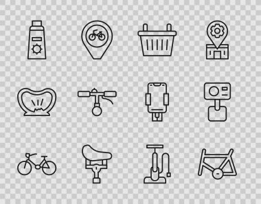 Set line Bicycle, frame, basket, seat, Sunscreen cream in tube, handlebar, air pump and Action extreme camera icon. Vector